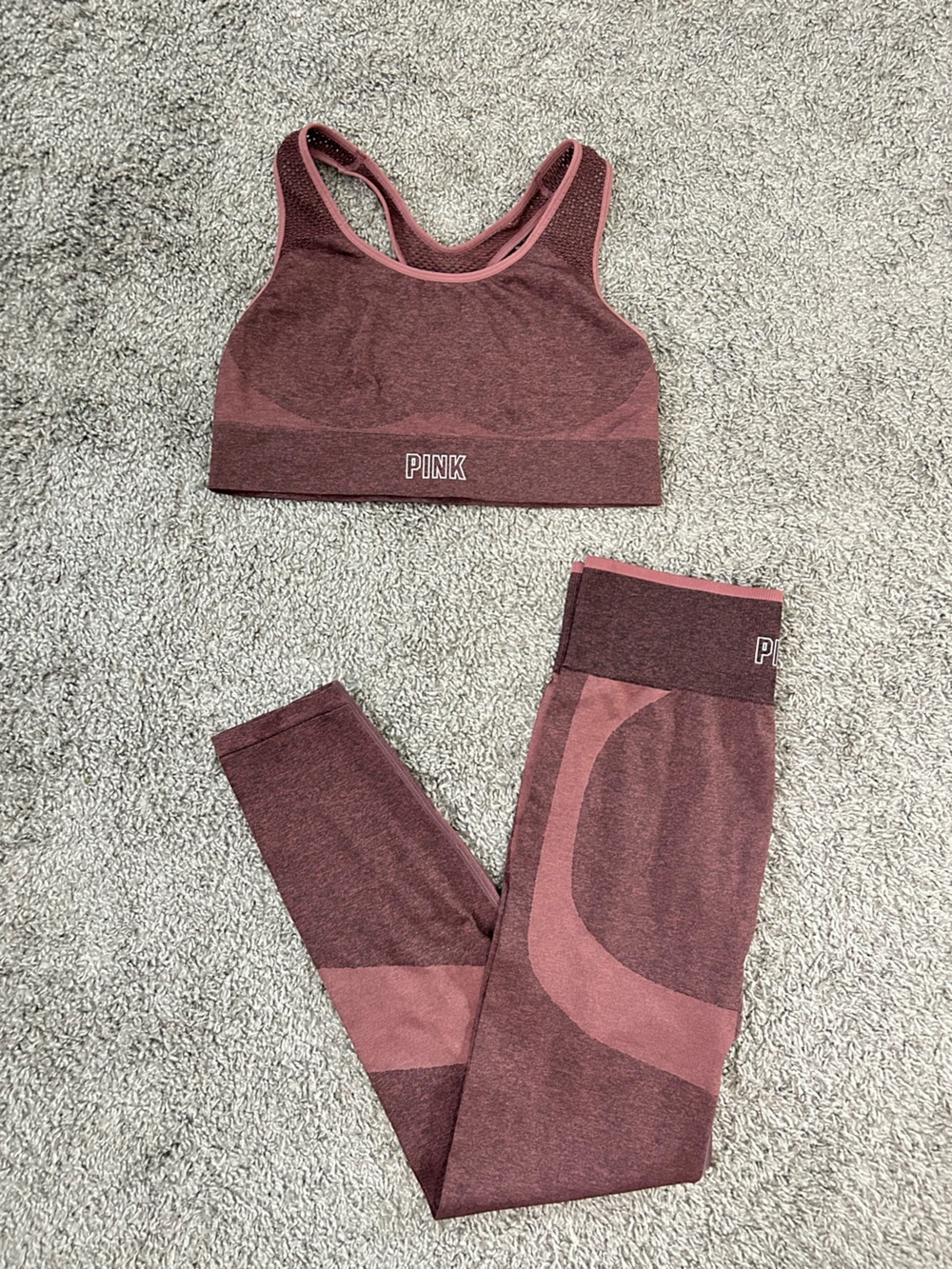 PINK Victoria's Secret Seamless Maroon & Dusty Rose Sports Bra + Leggings Set